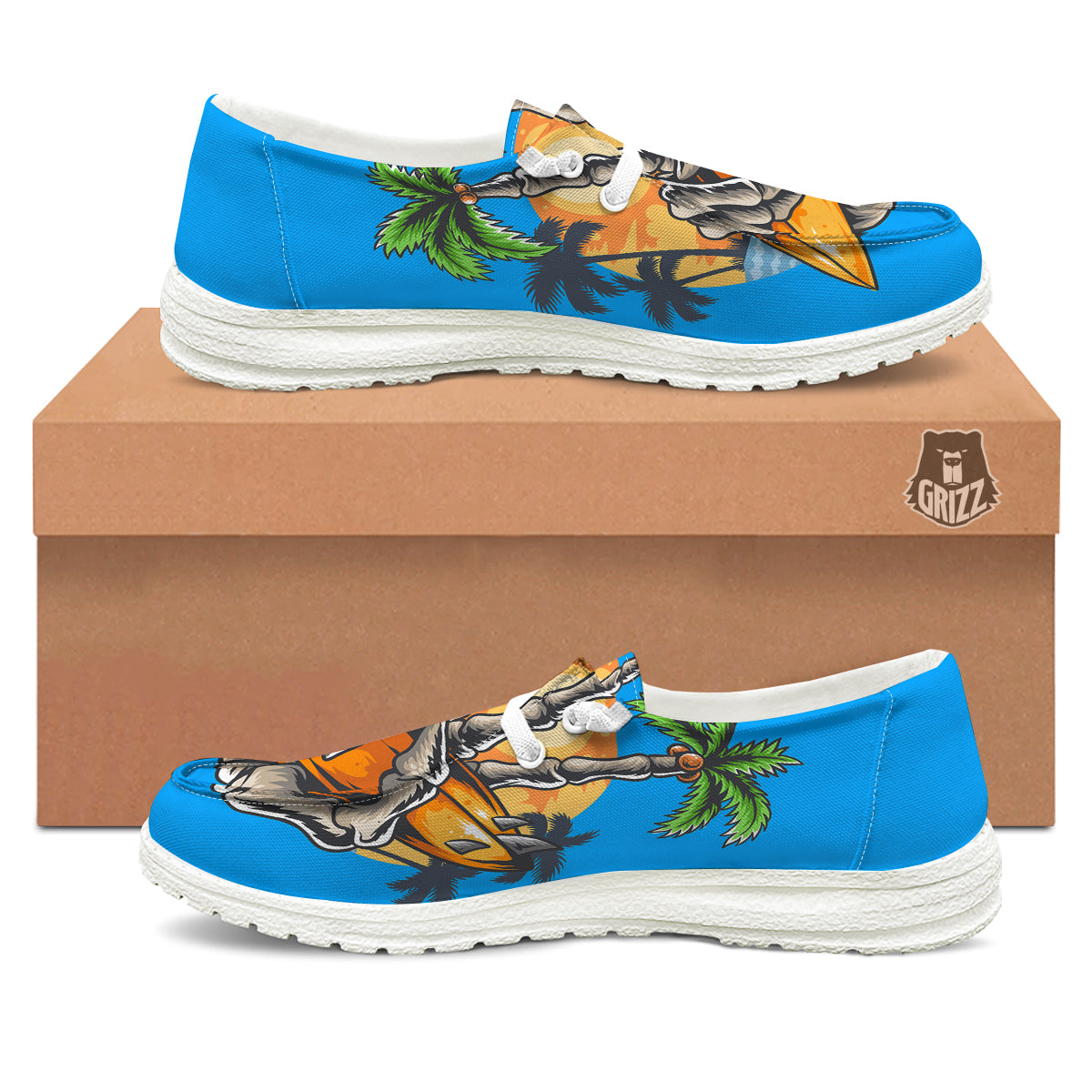 Tropical Skull Hand Print White Loafers-grizzshop