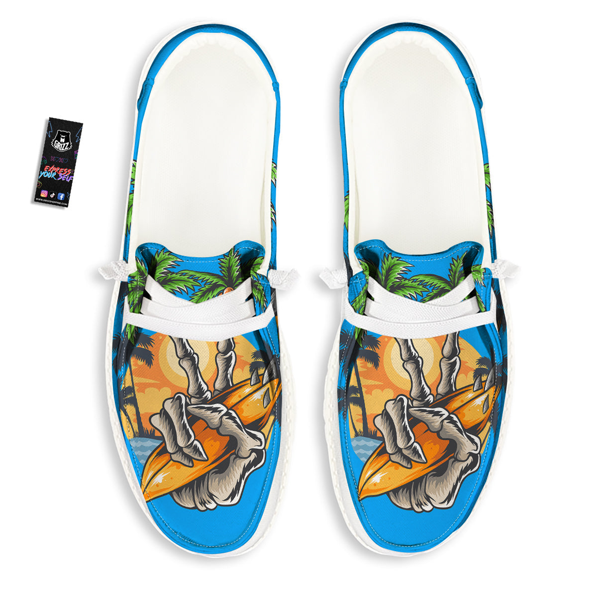 Tropical Skull Hand Print White Loafers-grizzshop