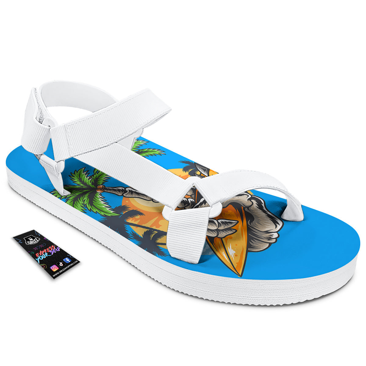 Tropical Skull Hand Print White Open Toe Sandals-grizzshop