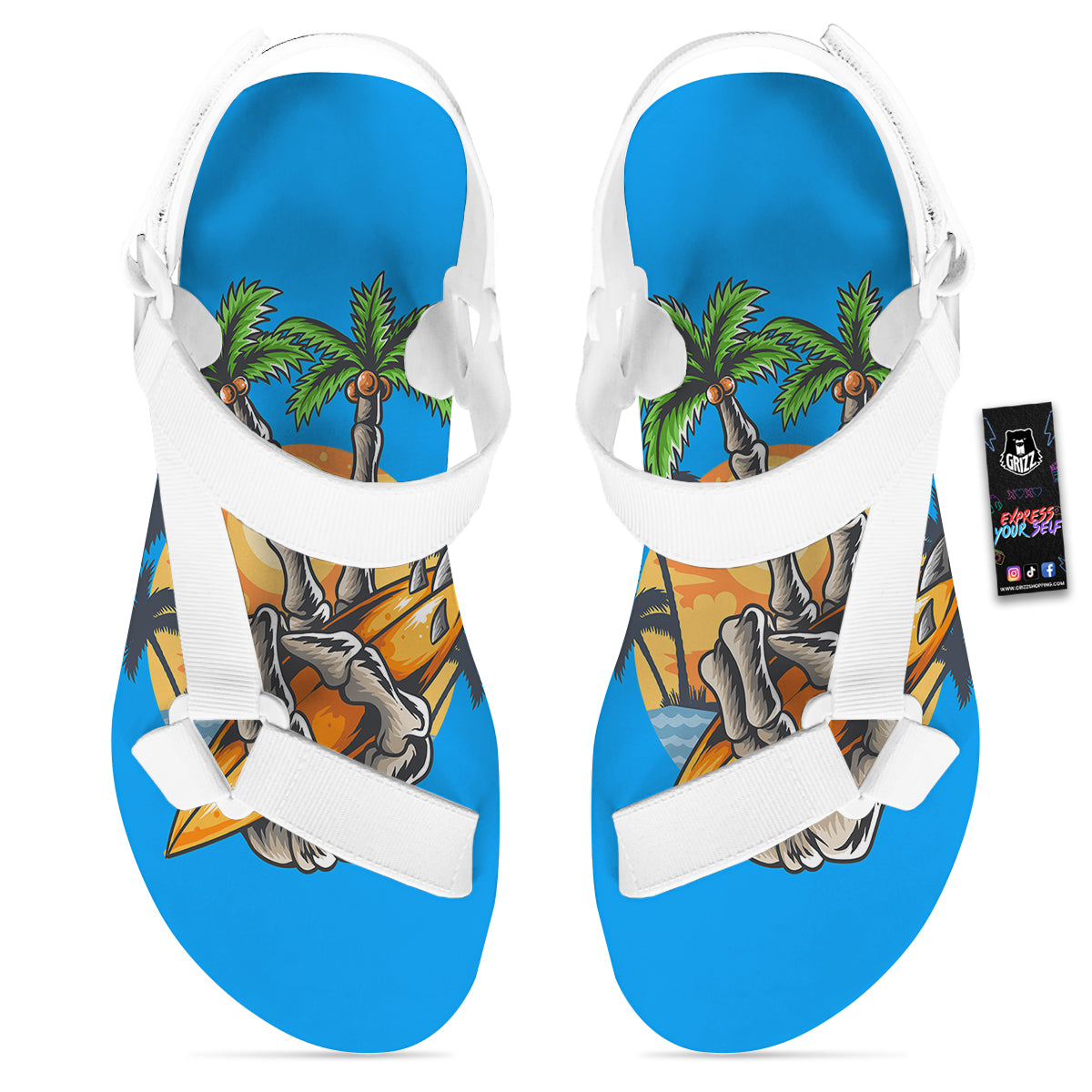 Tropical Skull Hand Print White Open Toe Sandals-grizzshop