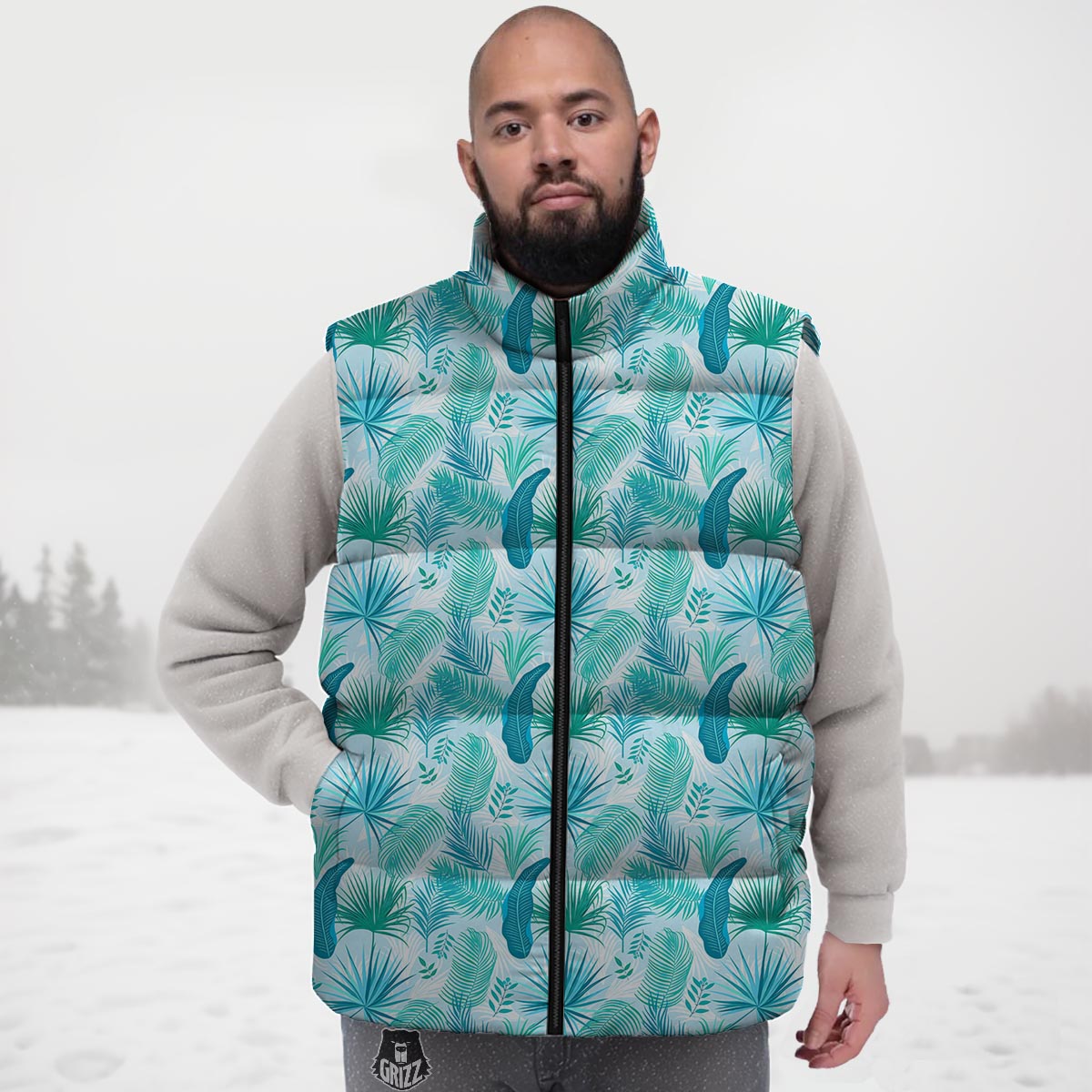 Tropical Teal Aloha Print Pattern Down Vest-grizzshop