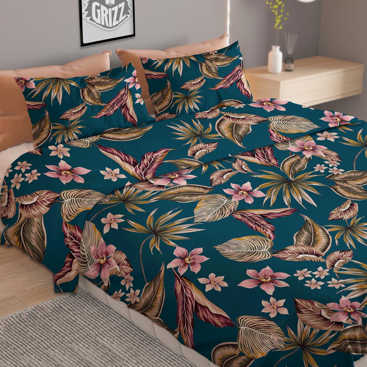 Tropical Teal Print Pattern Duvet Cover Bedding Set-grizzshop