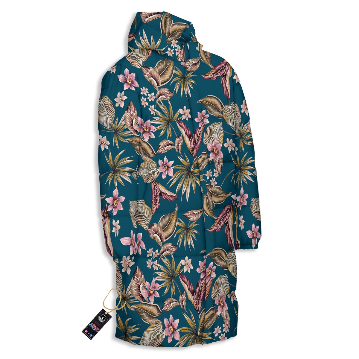 Tropical Teal Print Pattern Long Down Jacket-grizzshop