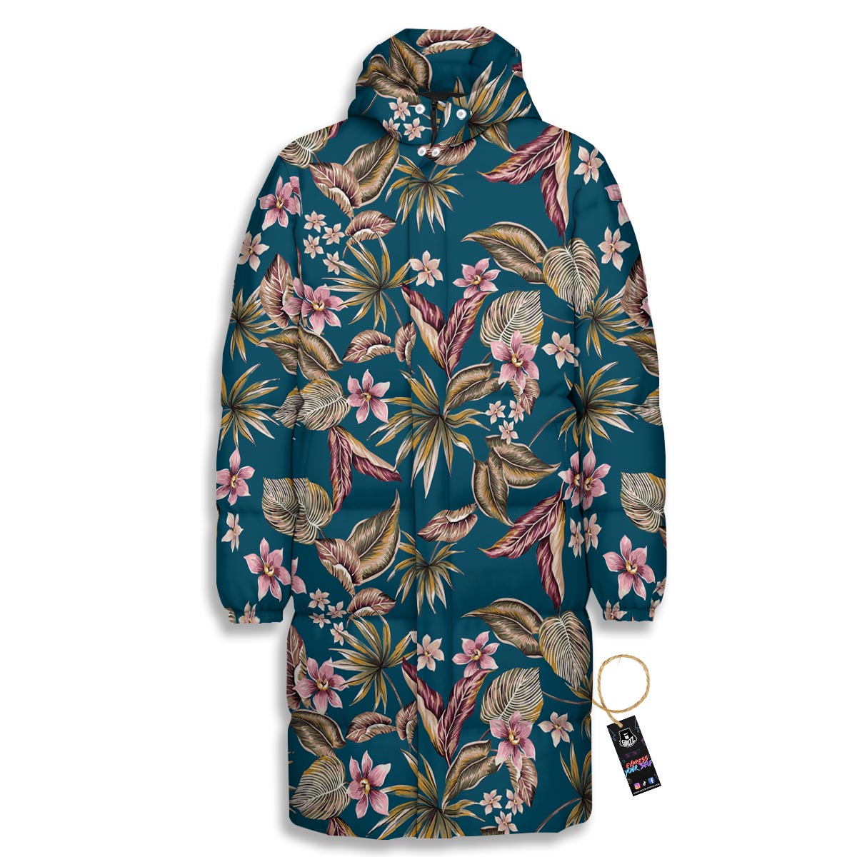Tropical Teal Print Pattern Long Down Jacket-grizzshop
