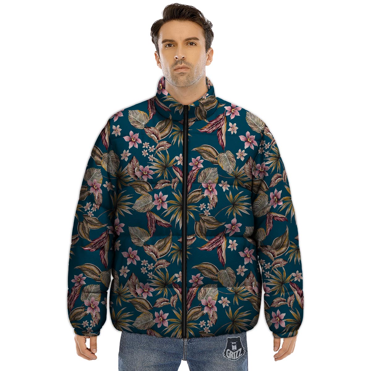 Tropical Teal Print Pattern Puffer Jacket-grizzshop
