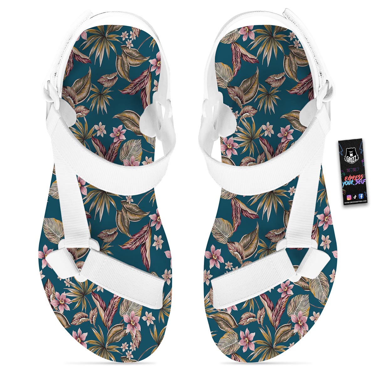 Tropical Teal Print Pattern White Open Toe Sandals-grizzshop