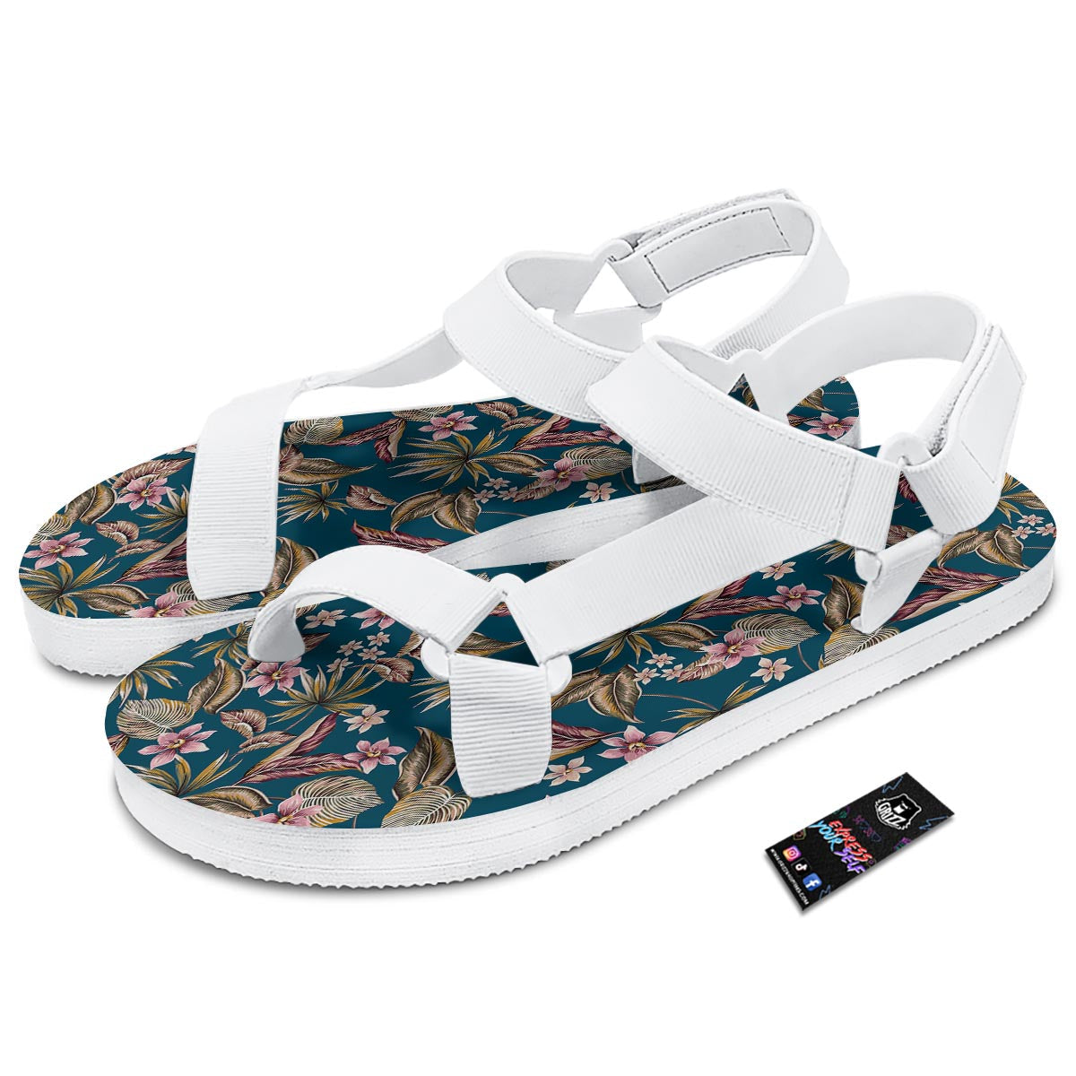 Tropical Teal Print Pattern White Open Toe Sandals-grizzshop
