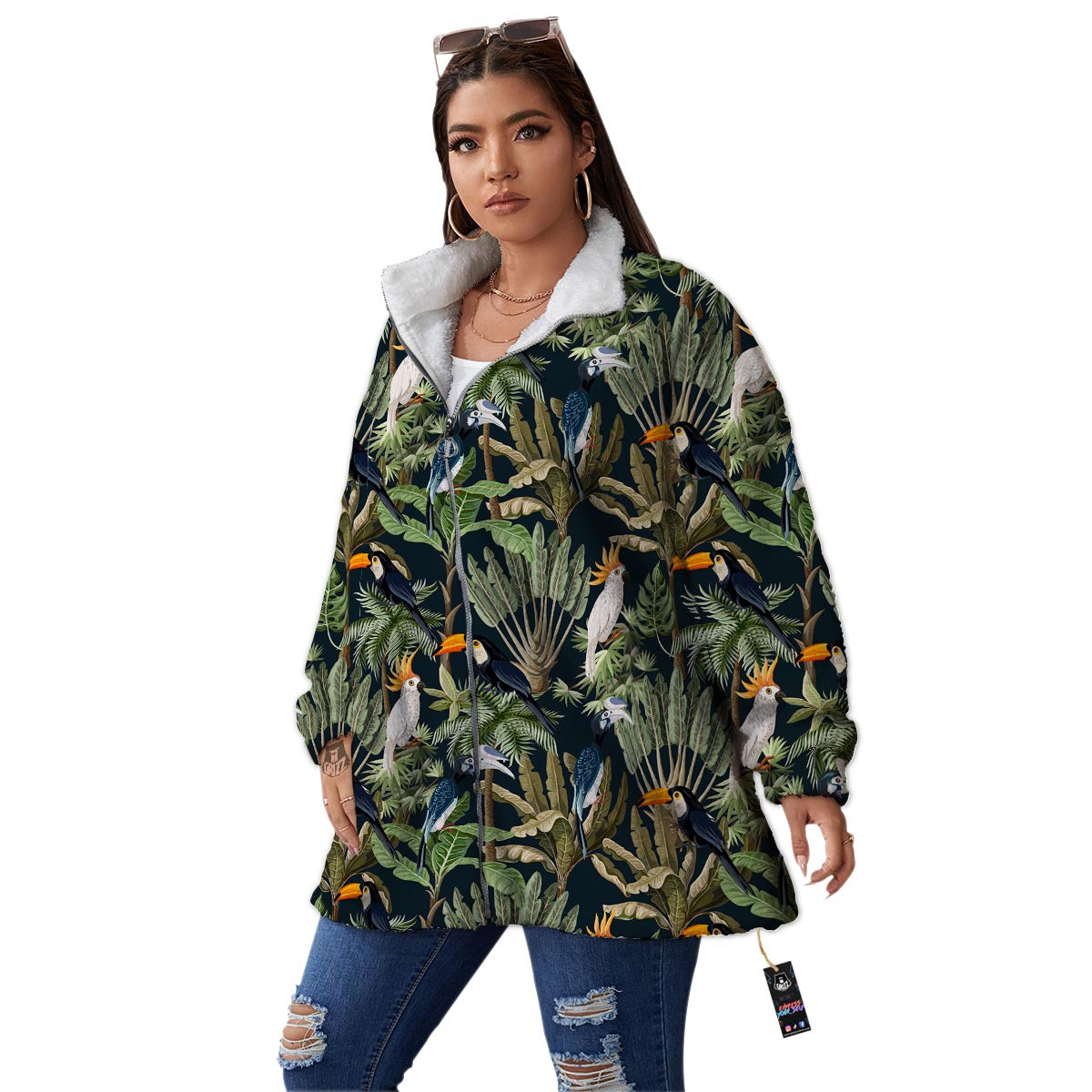 Tropical Toucan Parrot Print Pattern Women's Sherpa Jacket-grizzshop