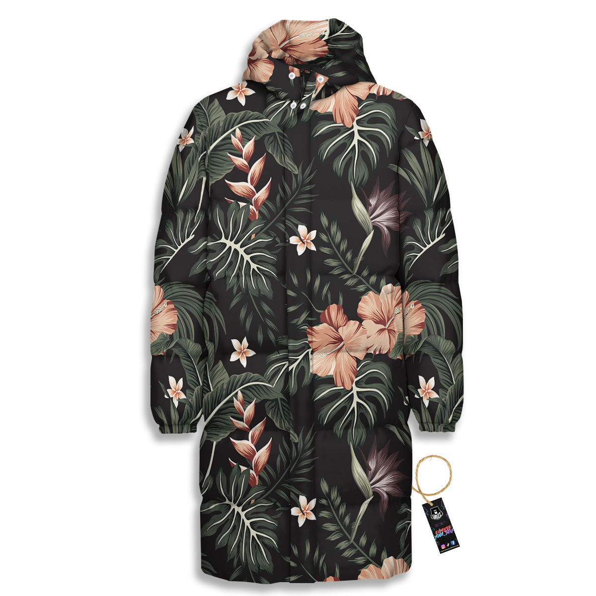 Tropical Watercolor Print Pattern Long Down Jacket-grizzshop