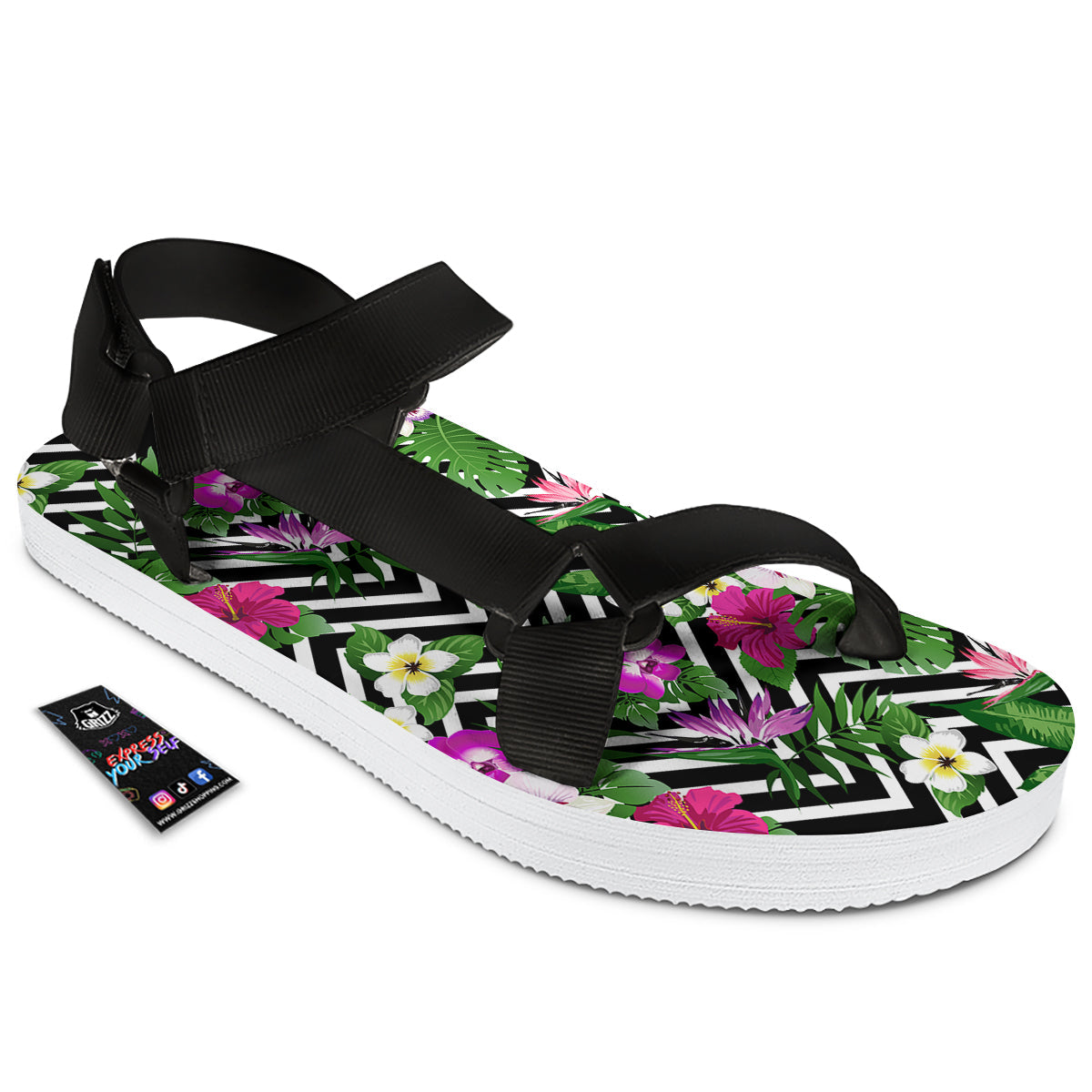 Tropical Zig Zag Print Pattern Black Open Toe Sandals-grizzshop