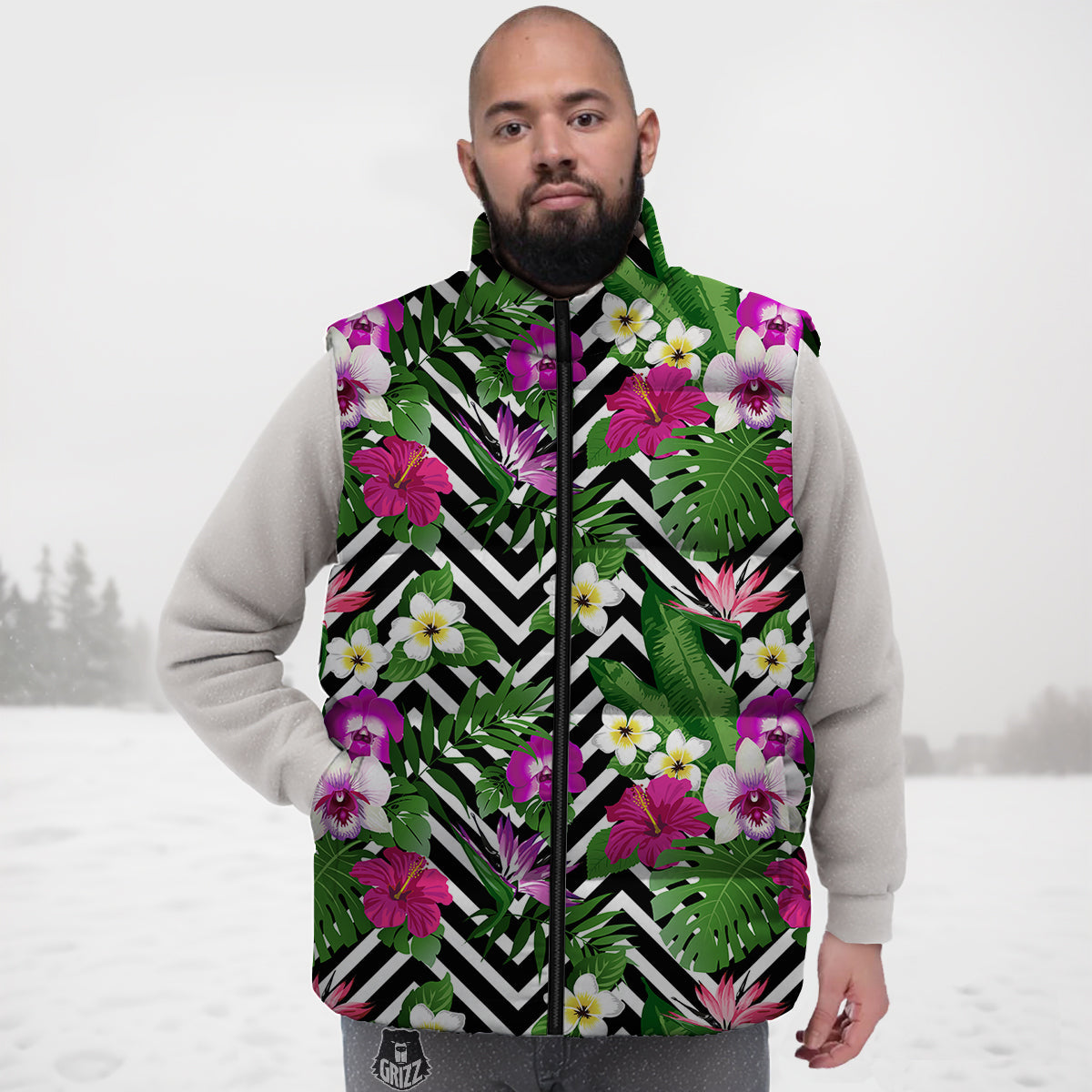 Tropical Zig Zag Print Pattern Down Vest-grizzshop