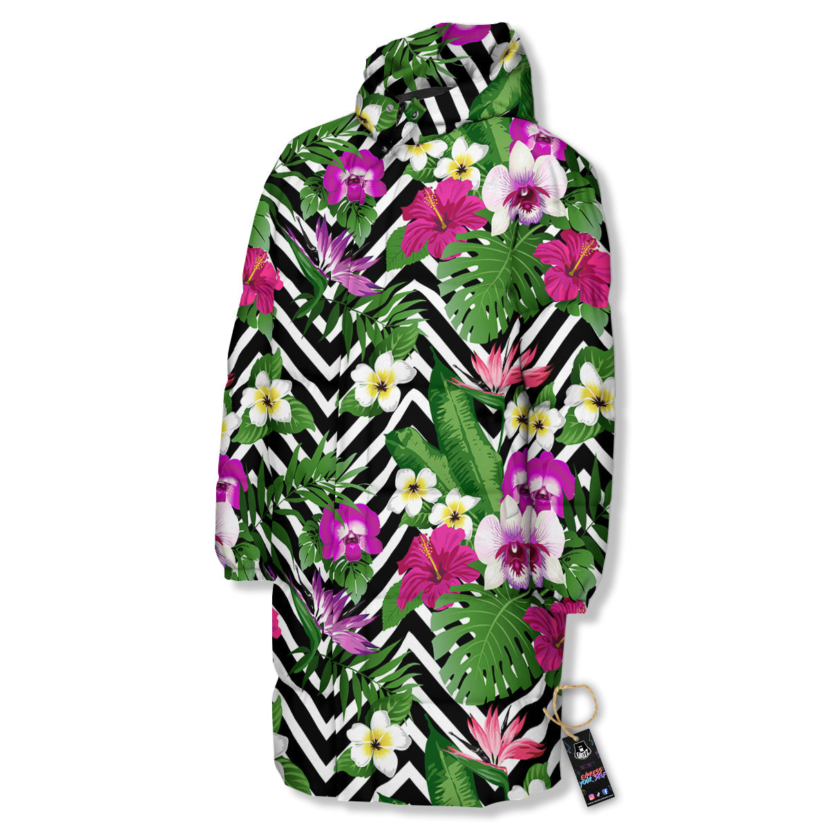 Tropical Zig Zag Print Pattern Long Down Jacket-grizzshop