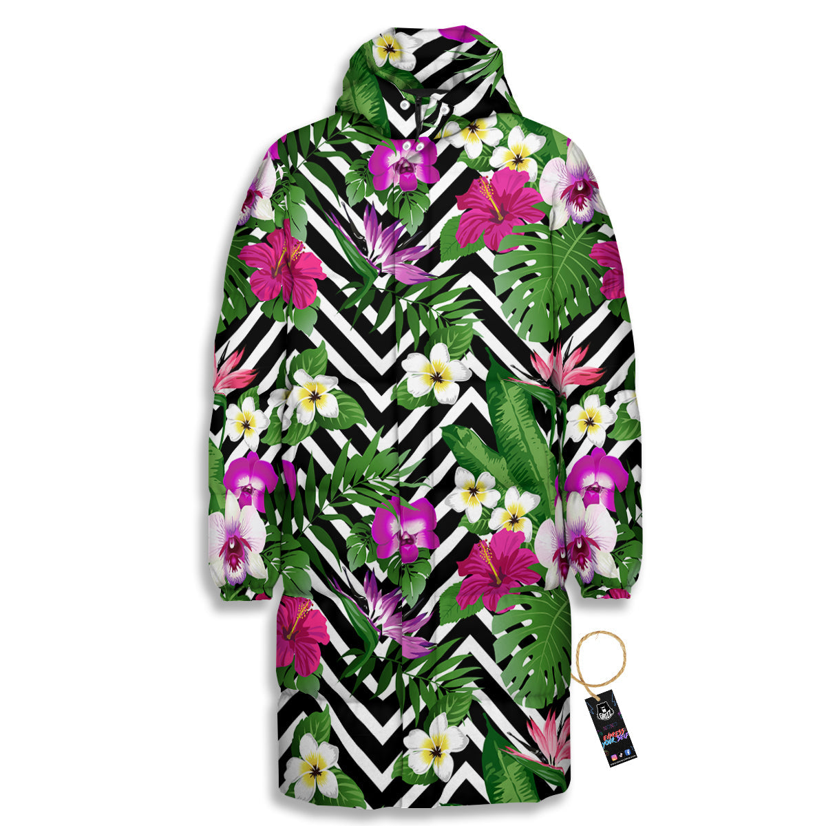 Tropical Zig Zag Print Pattern Long Down Jacket-grizzshop