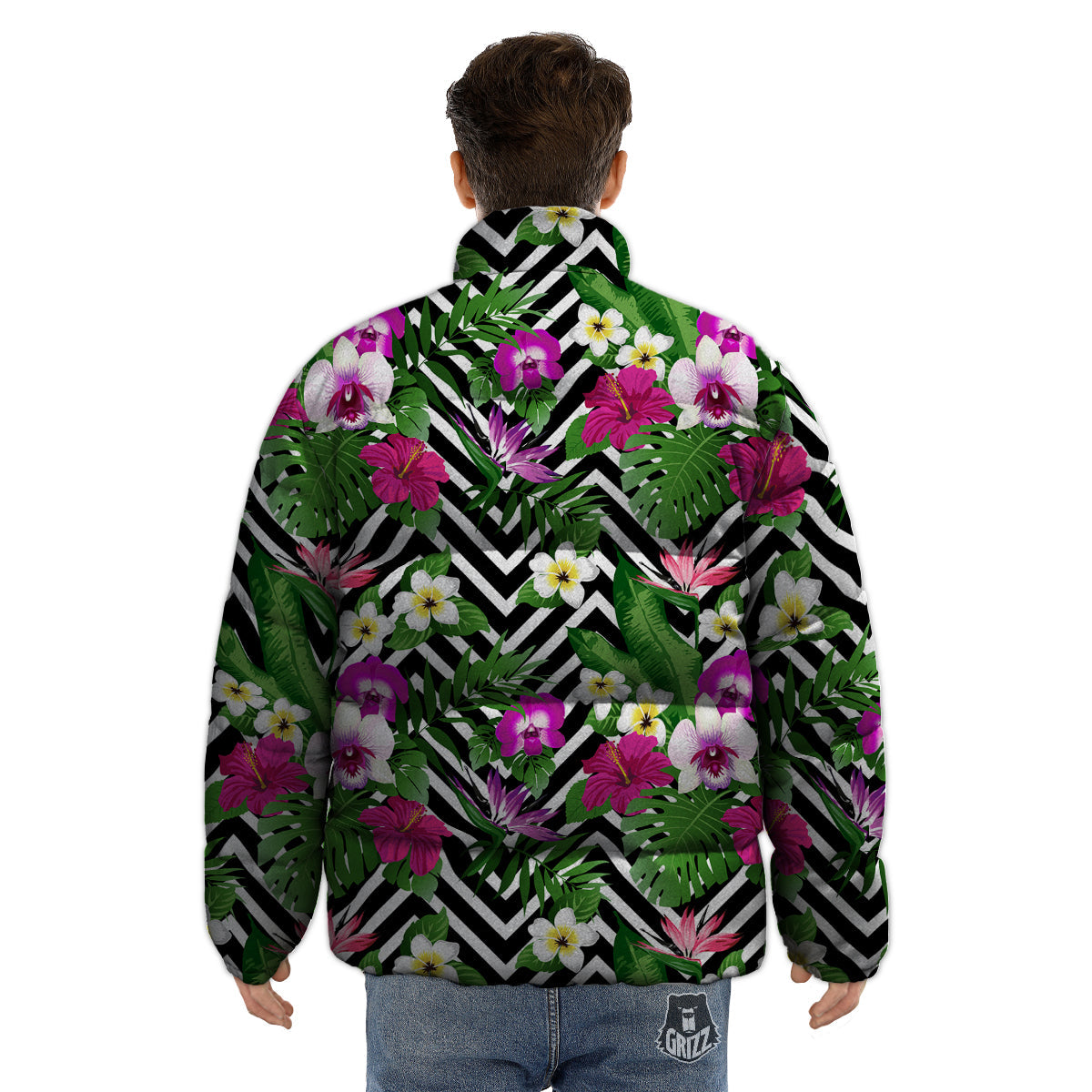 Tropical Zig Zag Print Pattern Puffer Jacket-grizzshop