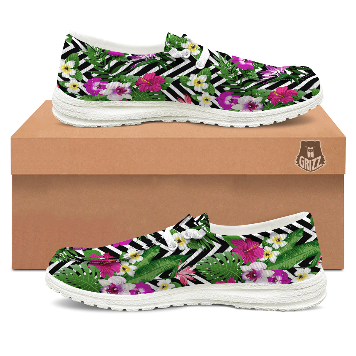 Tropical Zig Zag Print Pattern White Loafers-grizzshop