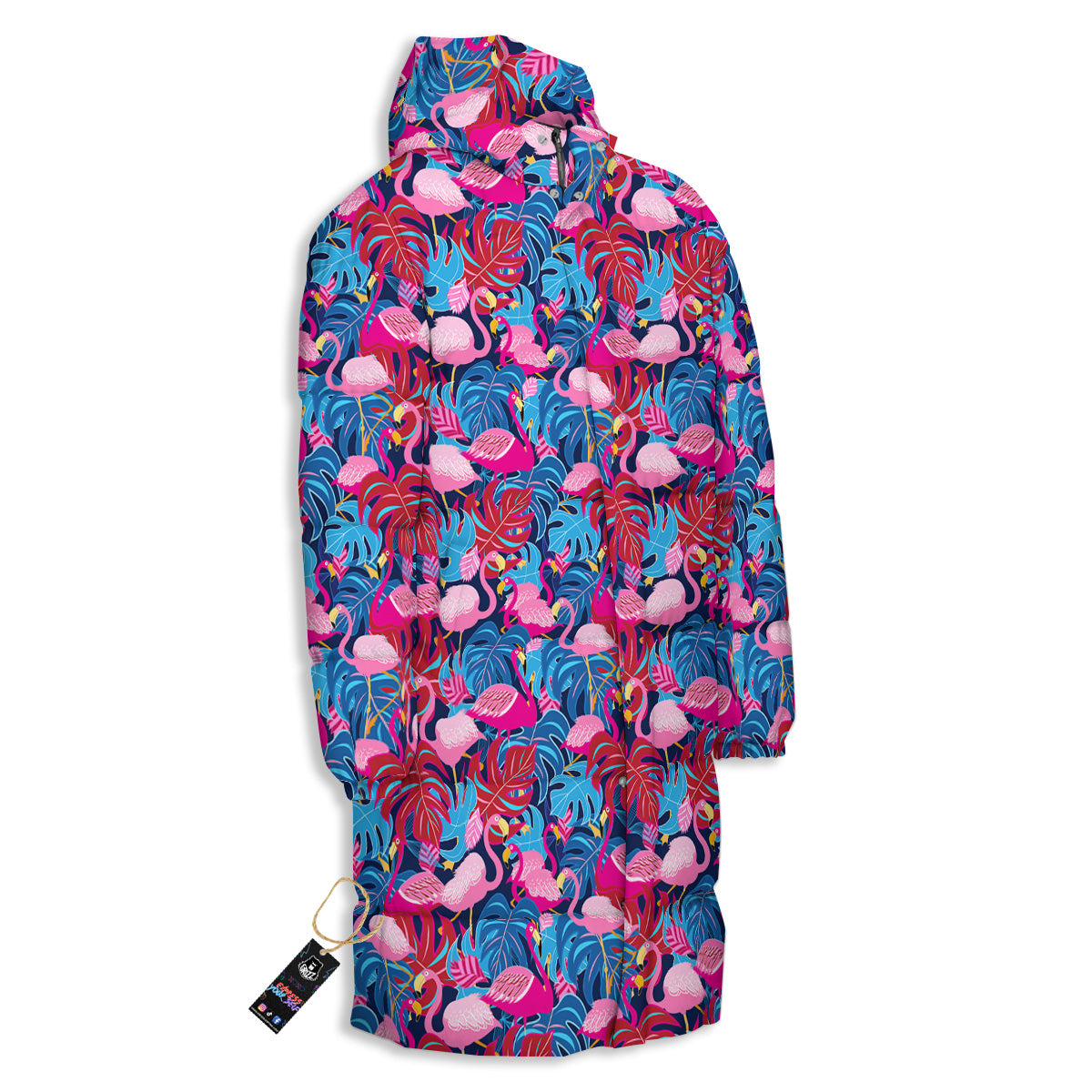 Tropical Blue And Pink Flamingo Print Long Down Jacket