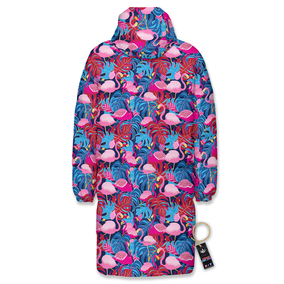 Tropical Blue And Pink Flamingo Print Long Down Jacket