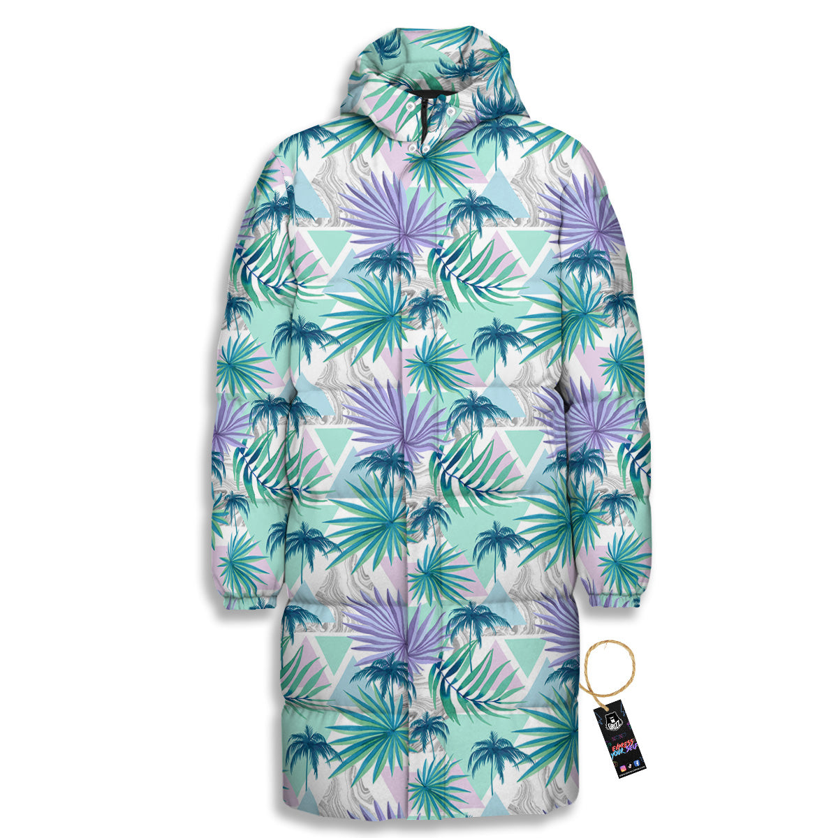 Tropical Leaf And Triangles Pastel Print Pattern Long Down Jacket