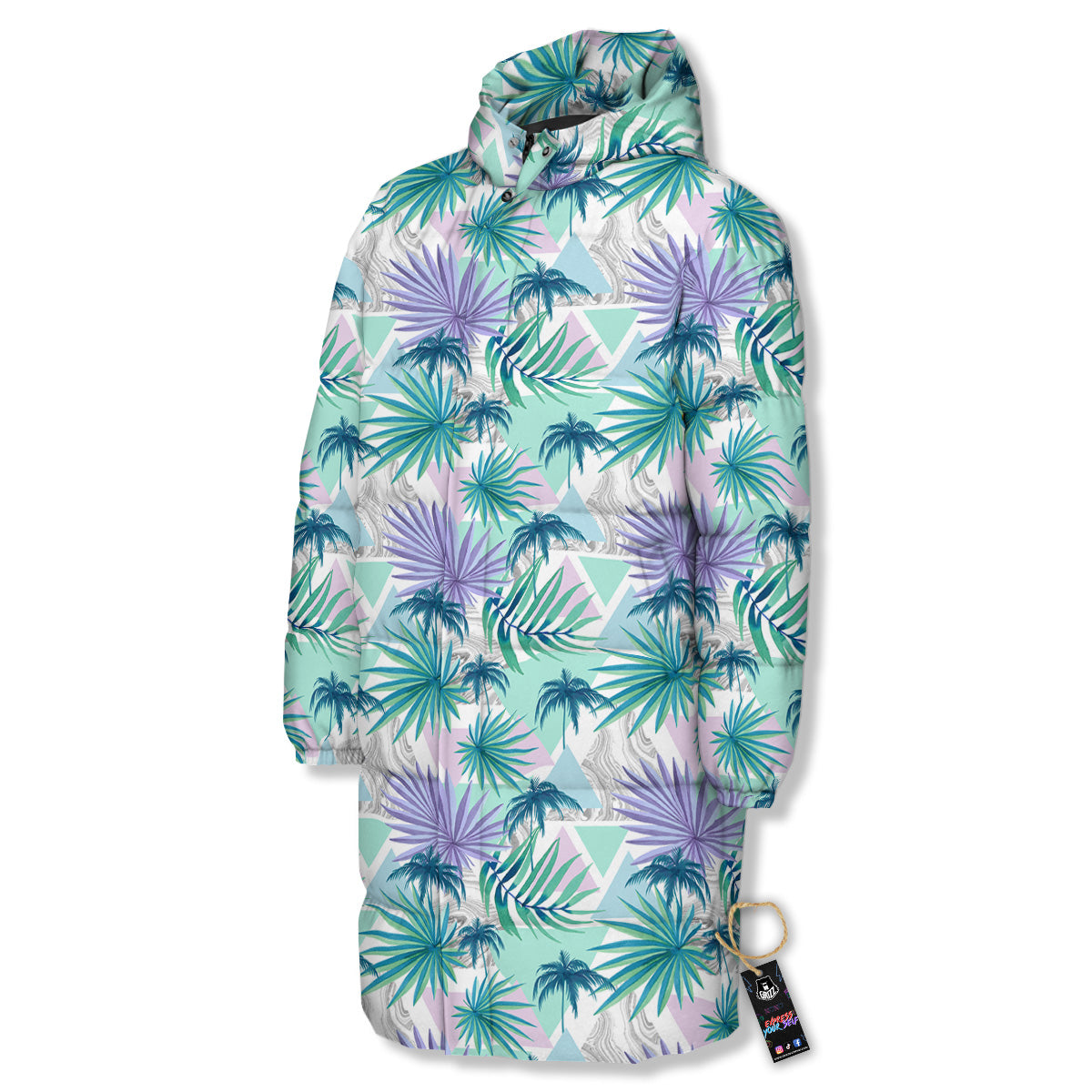 Tropical Leaf And Triangles Pastel Print Pattern Long Down Jacket
