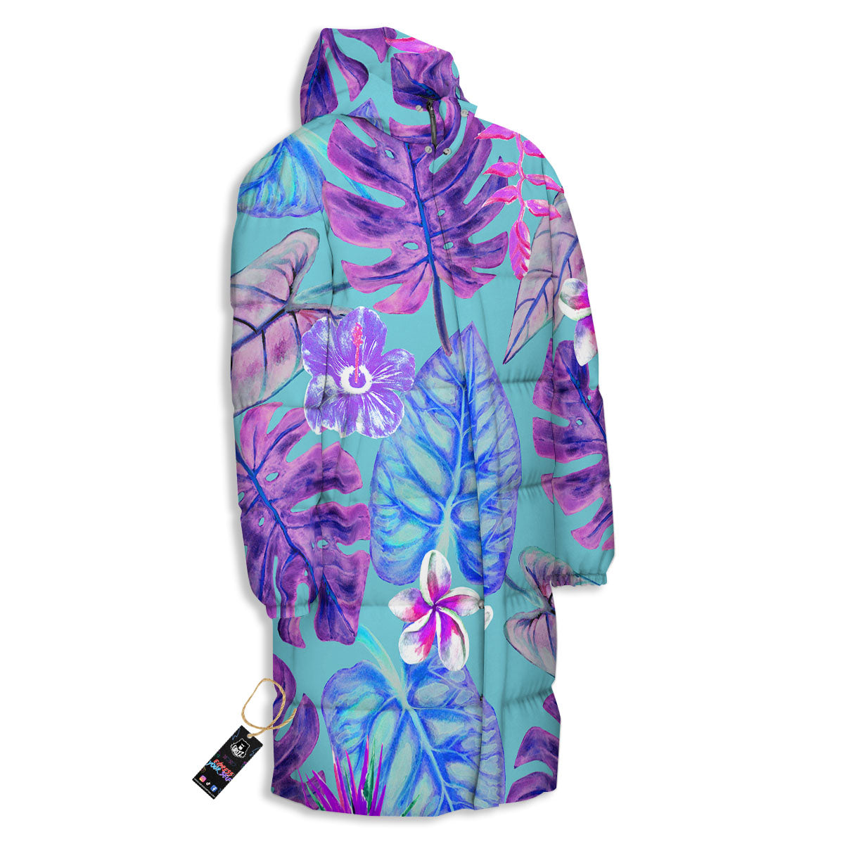 Tropical Leaf Teal And Purple Print Long Down Jacket