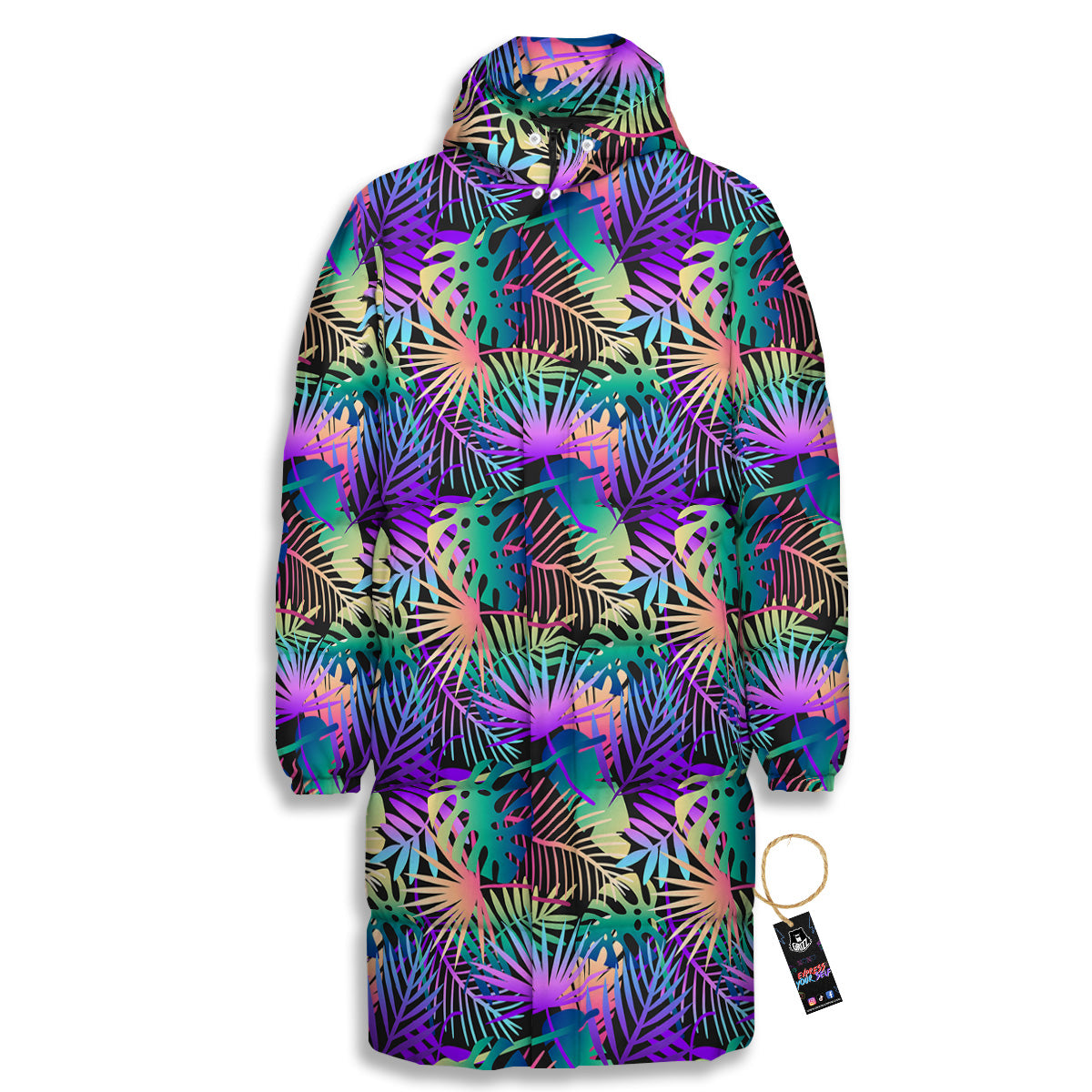 Tropical Neon Color And Palm Leaves Print Pattern Long Down Jacket