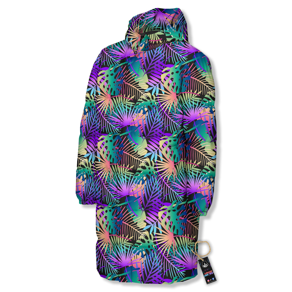 Tropical Neon Color And Palm Leaves Print Pattern Long Down Jacket