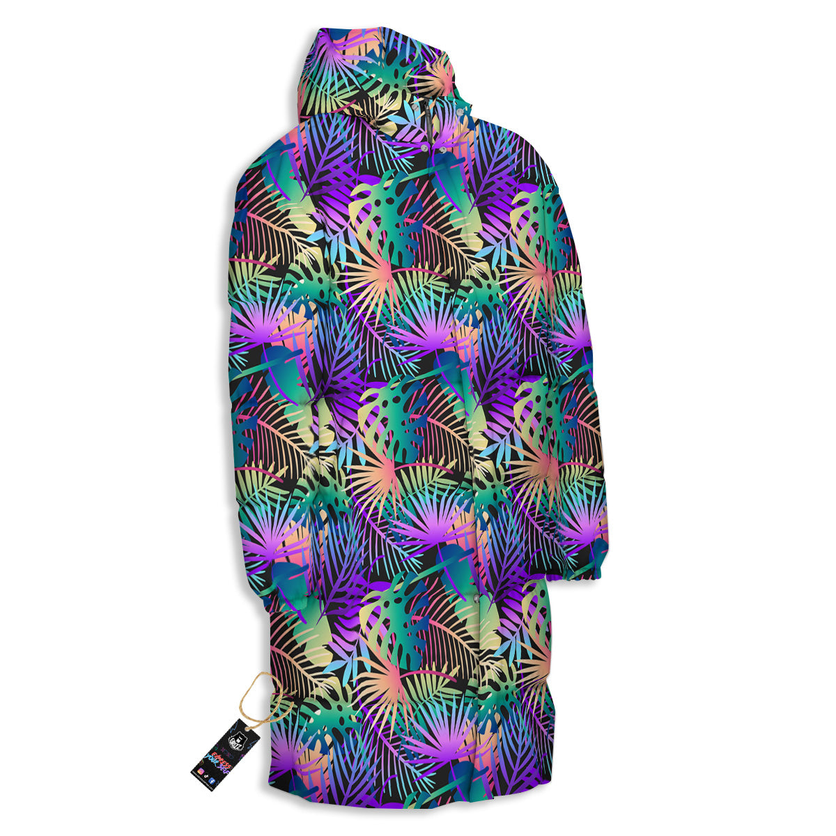 Tropical Neon Color And Palm Leaves Print Pattern Long Down Jacket