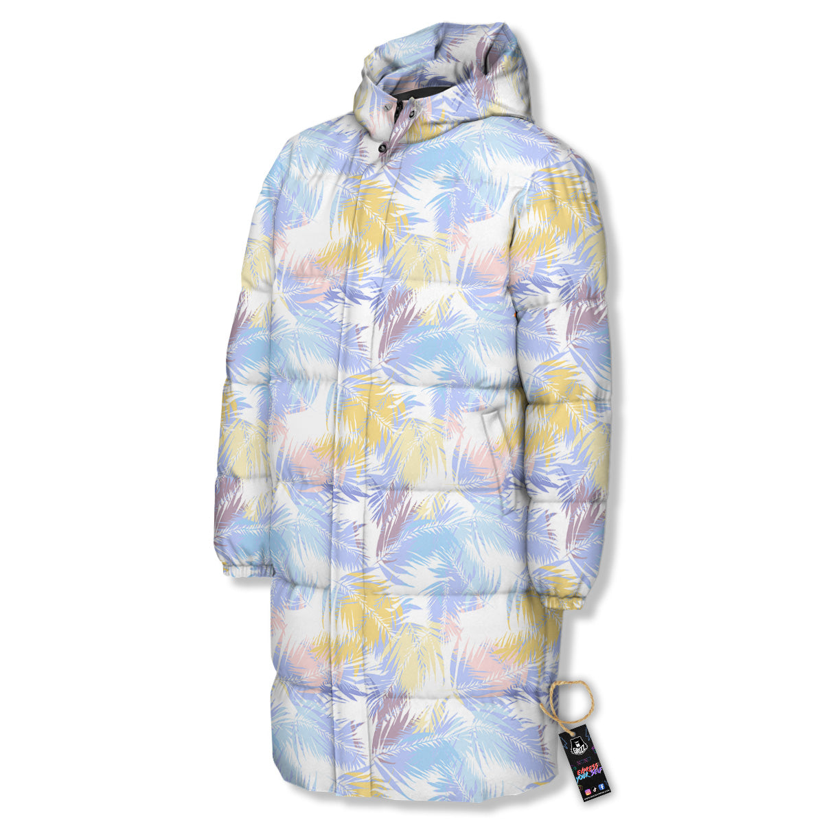 Tropical Palm Leaf Pastel Print Pattern Long Down Jacket