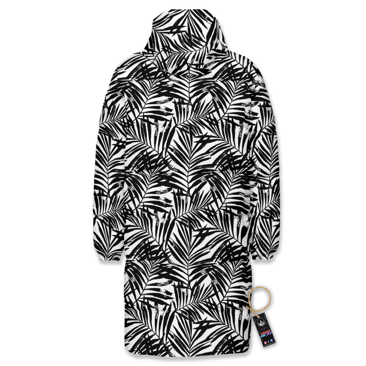 Tropical Palm Leaf White And Black Print Long Down Jacket