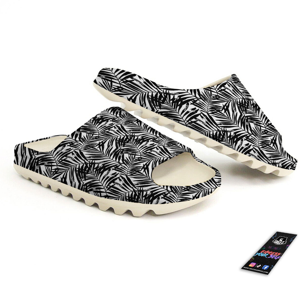 Tropical Palm Leaf White And Black Print Sandals-grizzshop