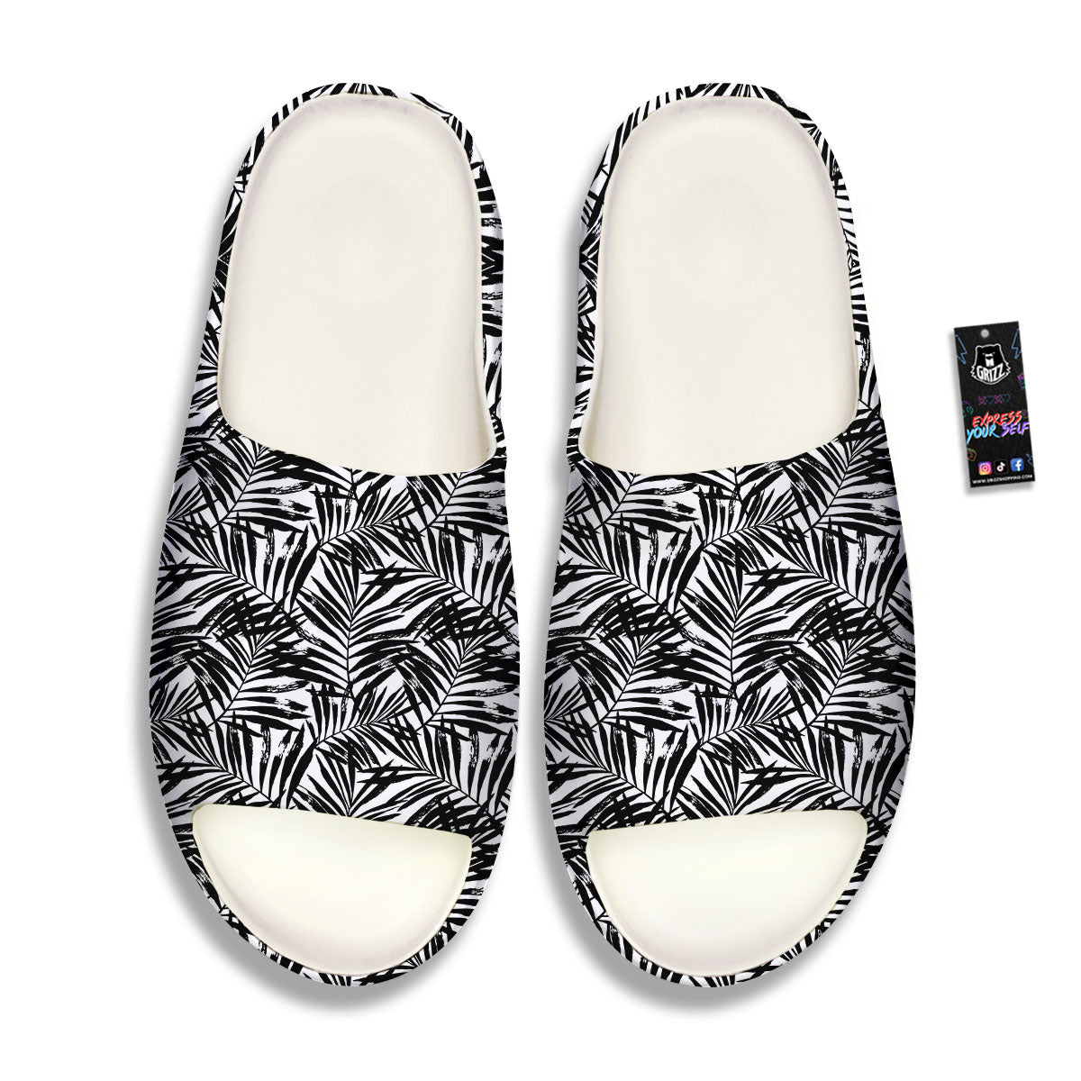 Tropical Palm Leaf White And Black Print Sandals-grizzshop