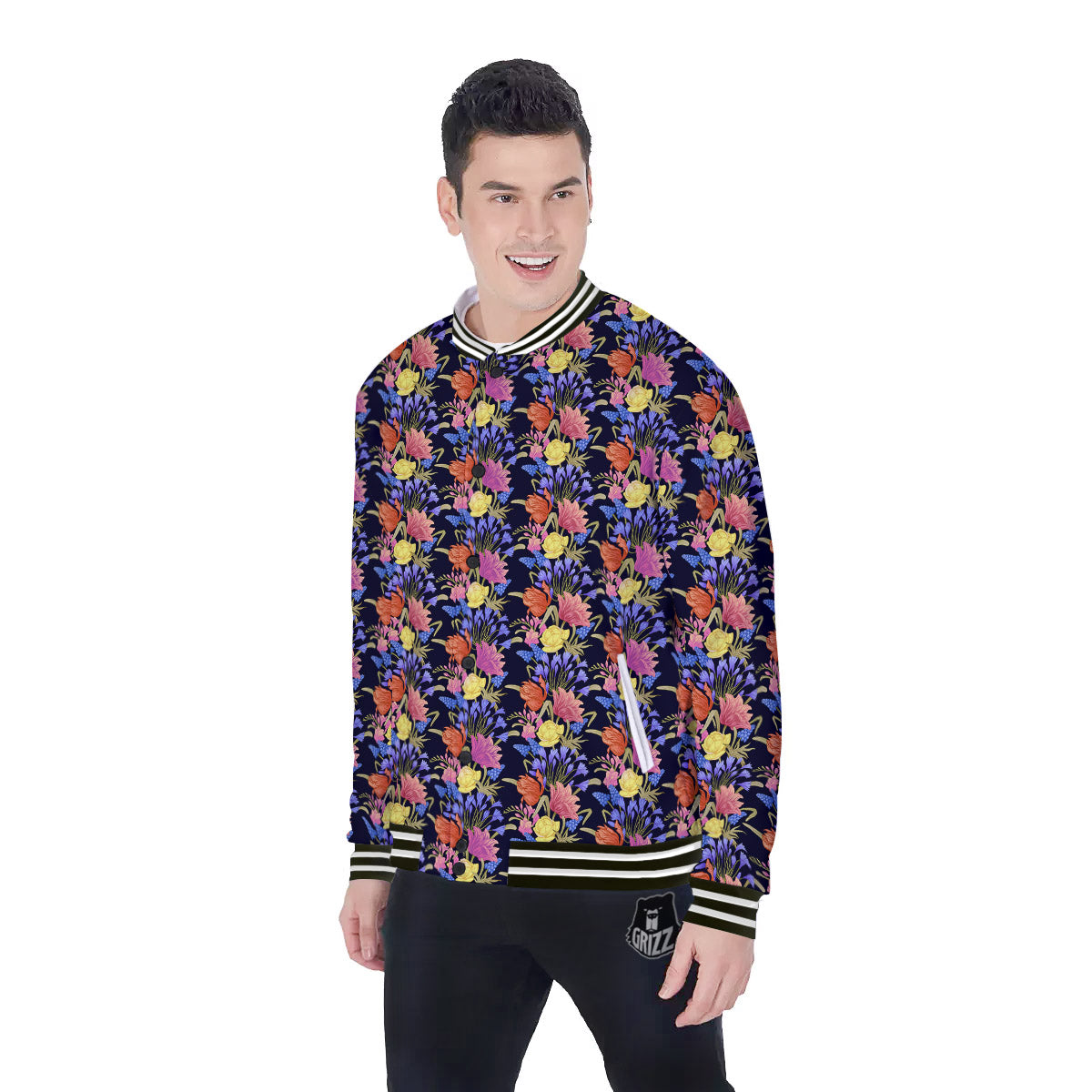 Tulip Colorful Print Pattern Baseball Jacket-grizzshop