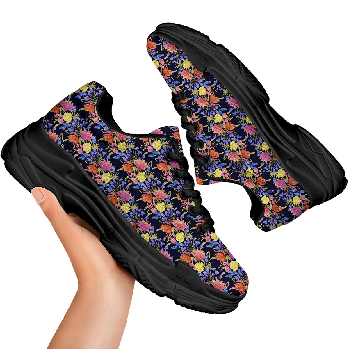 Tulip Colorful Print Pattern Black Chunky Shoes-grizzshop