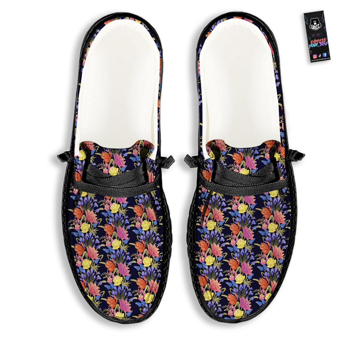 Tulip Colorful Print Pattern Black Loafers-grizzshop