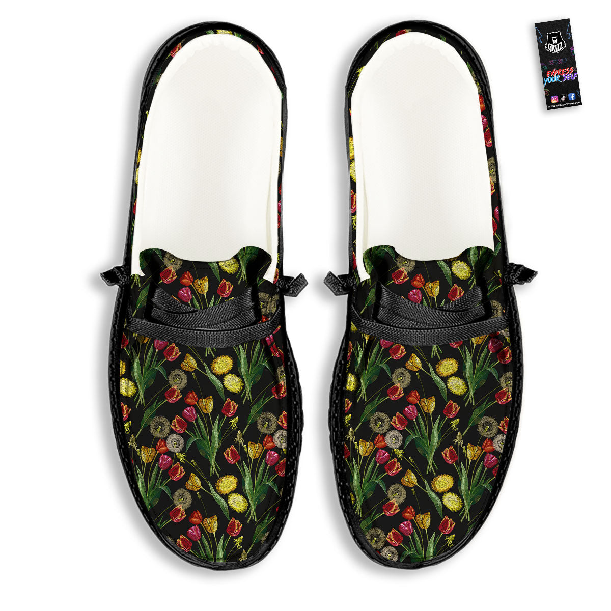 Tulip Embroidery Print Pattern Black Loafers-grizzshop