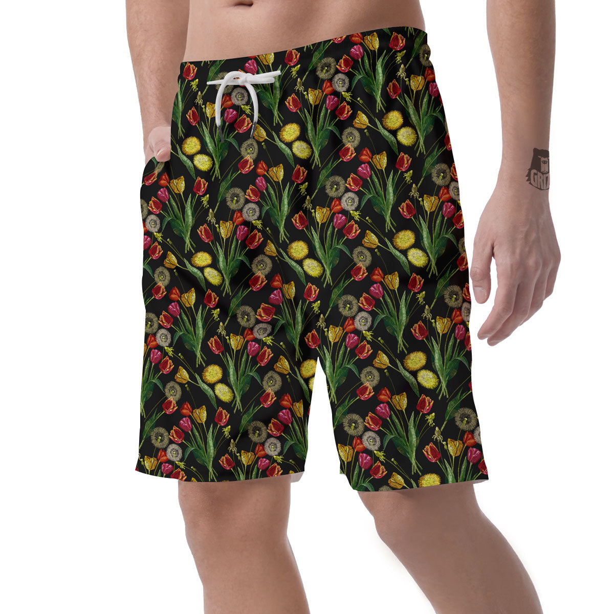 Tulip Embroidery Print Pattern Men's Shorts-grizzshop