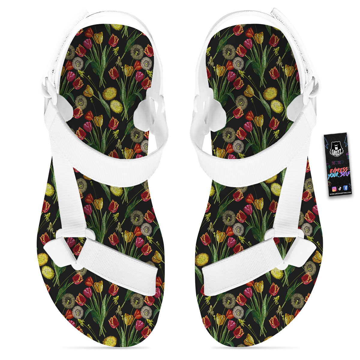 Tulip Embroidery Print Pattern White Open Toe Sandals-grizzshop