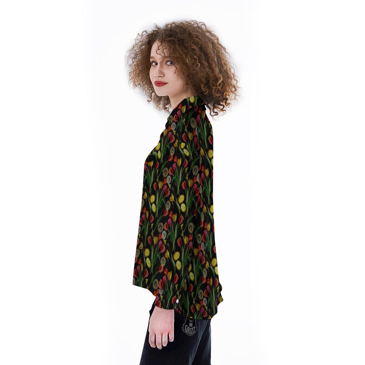Tulip Embroidery Print Pattern Women's Long Sleeve Shirts-grizzshop
