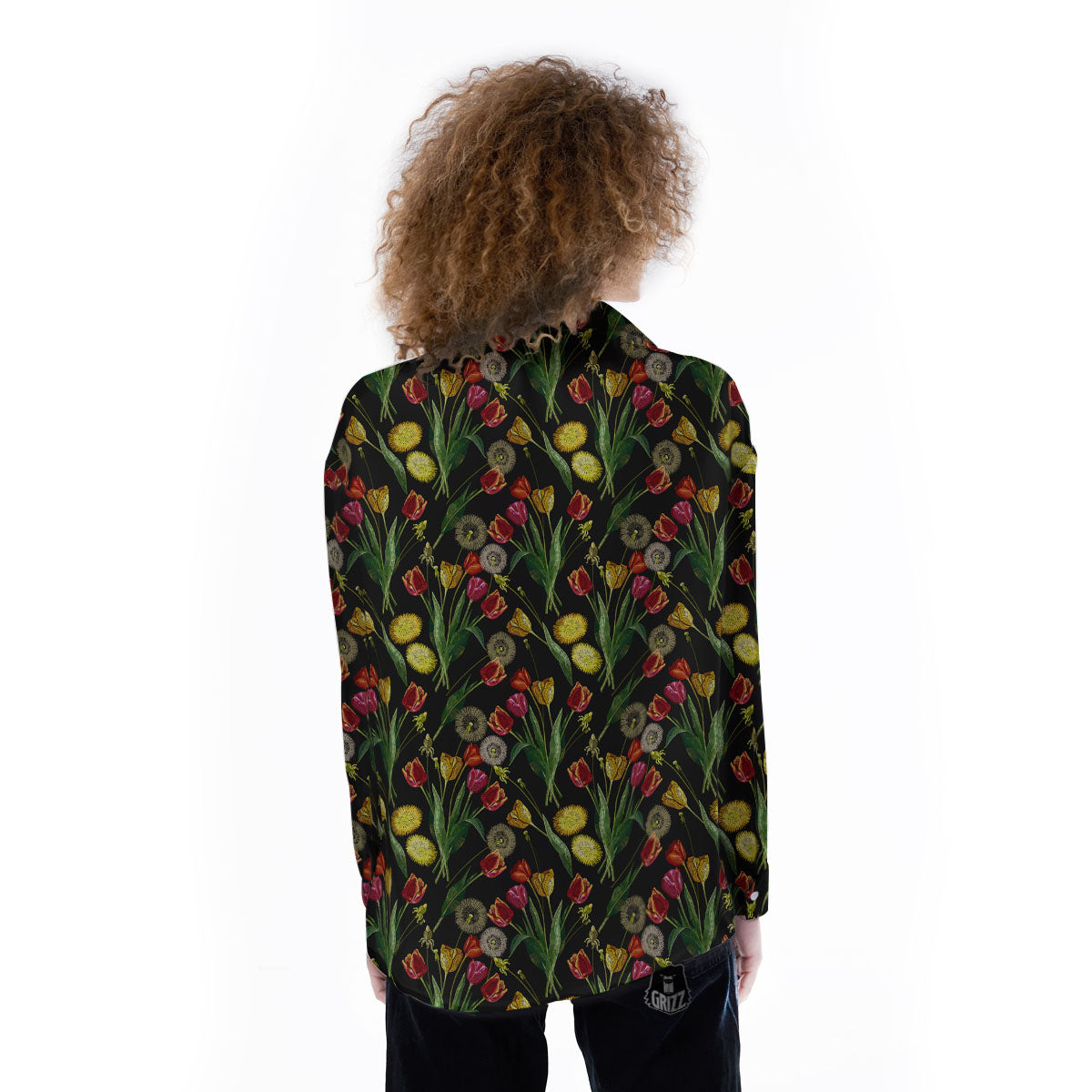 Tulip Embroidery Print Pattern Women's Long Sleeve Shirts-grizzshop