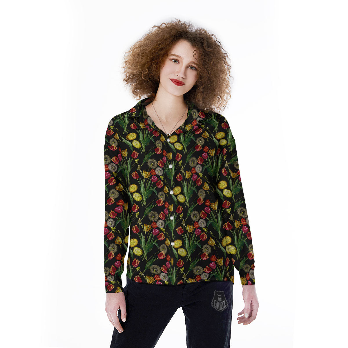 Tulip Embroidery Print Pattern Women's Long Sleeve Shirts-grizzshop