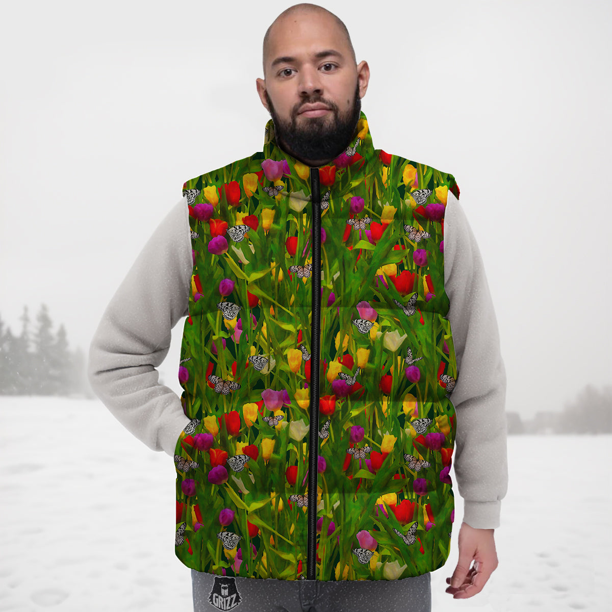 Tulip Field Print Pattern Down Vest-grizzshop