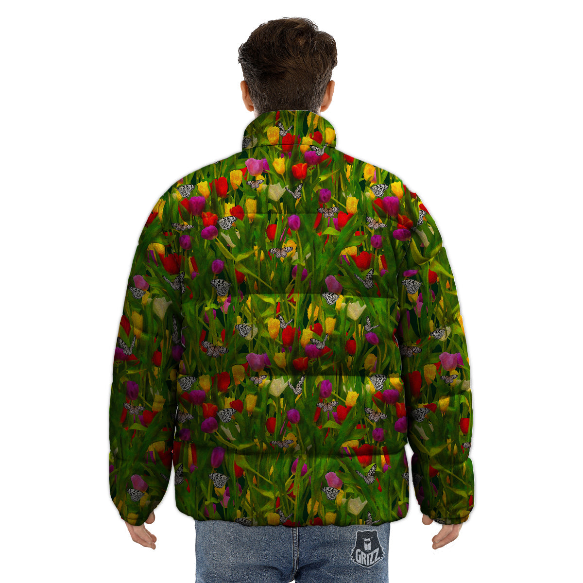 Tulip Field Print Pattern Puffer Jacket-grizzshop