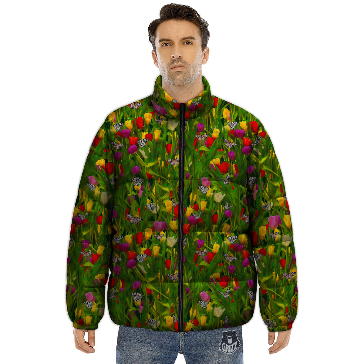 Tulip Field Print Pattern Puffer Jacket-grizzshop