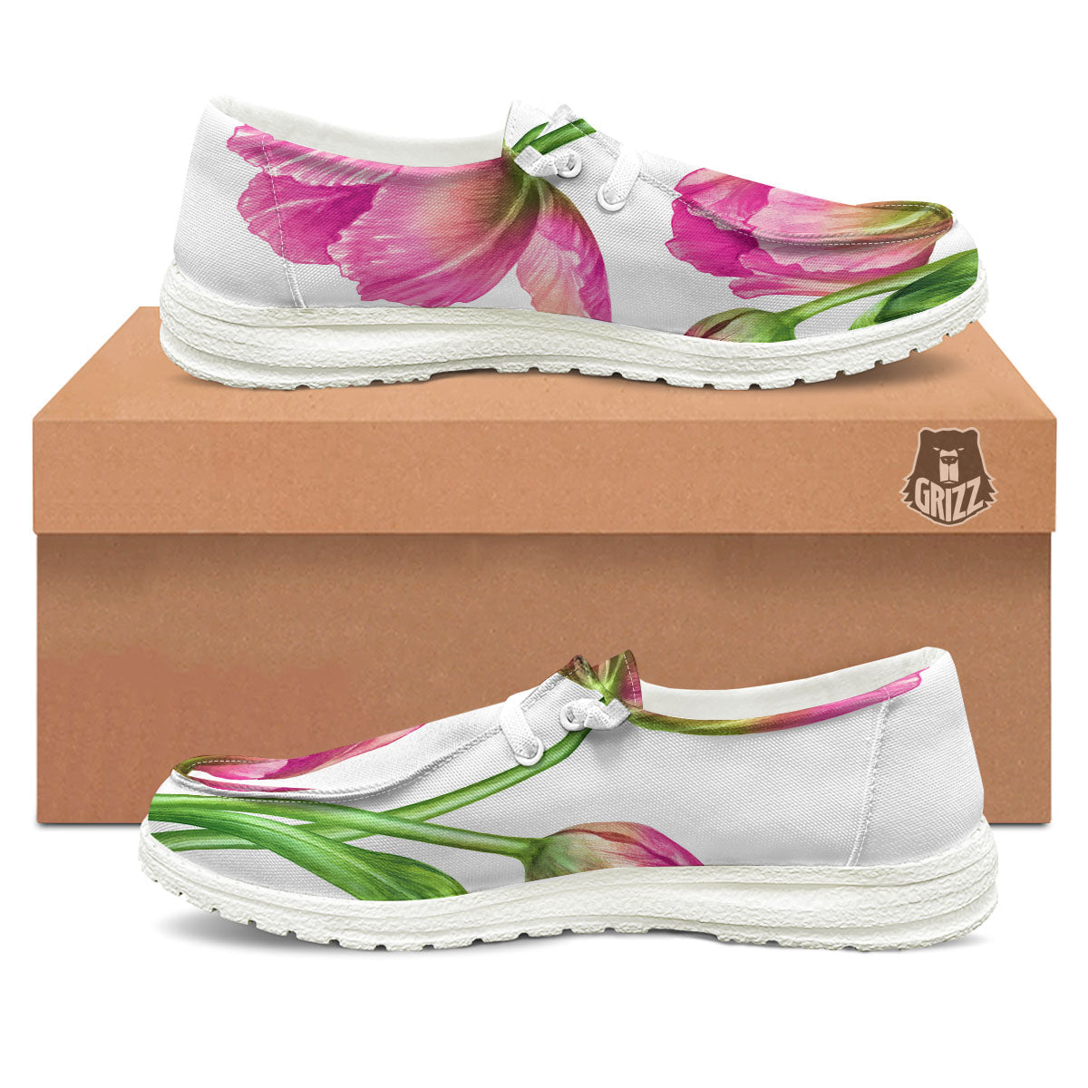 Tulip Flower Pink Watercolor Print Black Loafers-grizzshop