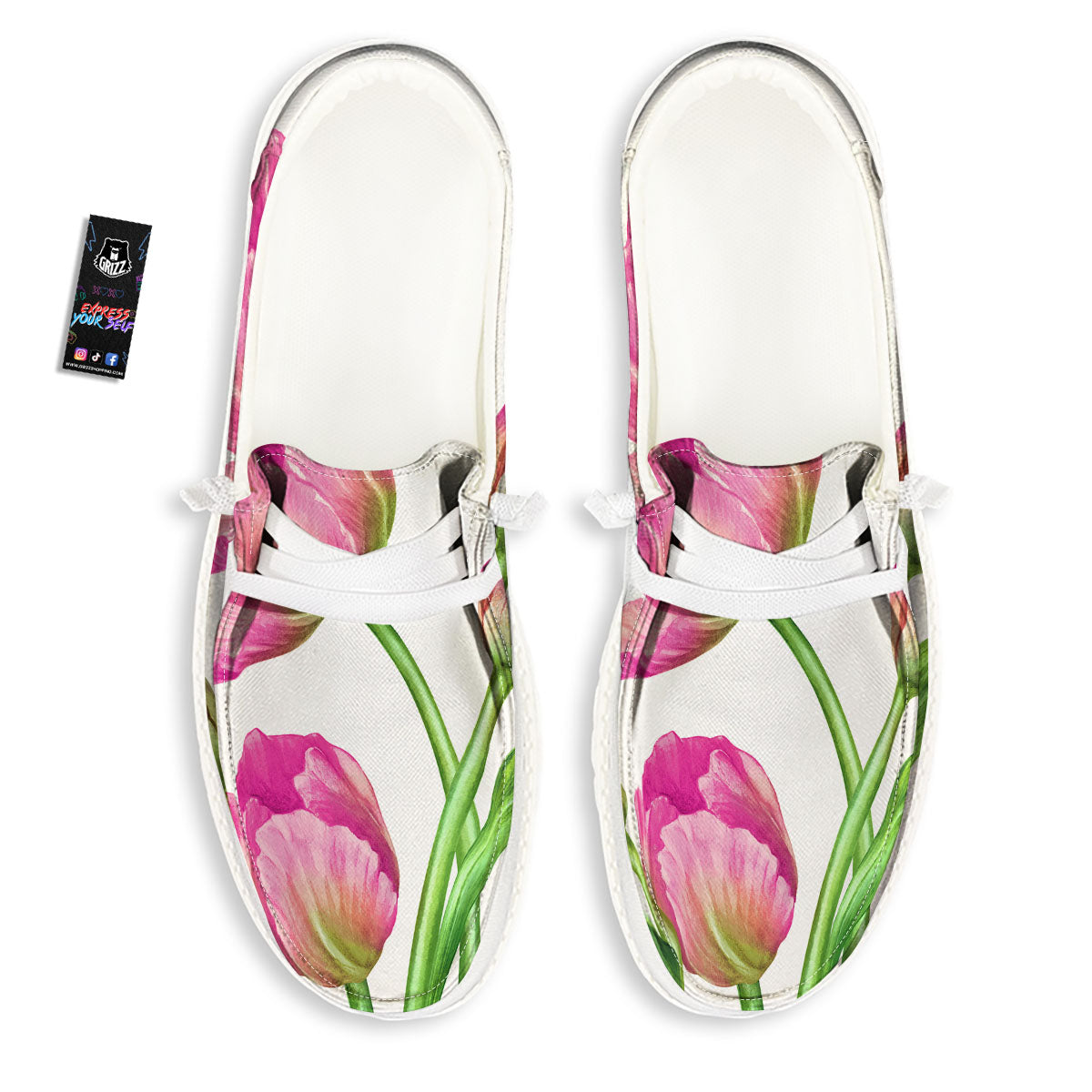 Tulip Flower Pink Watercolor Print Black Loafers-grizzshop