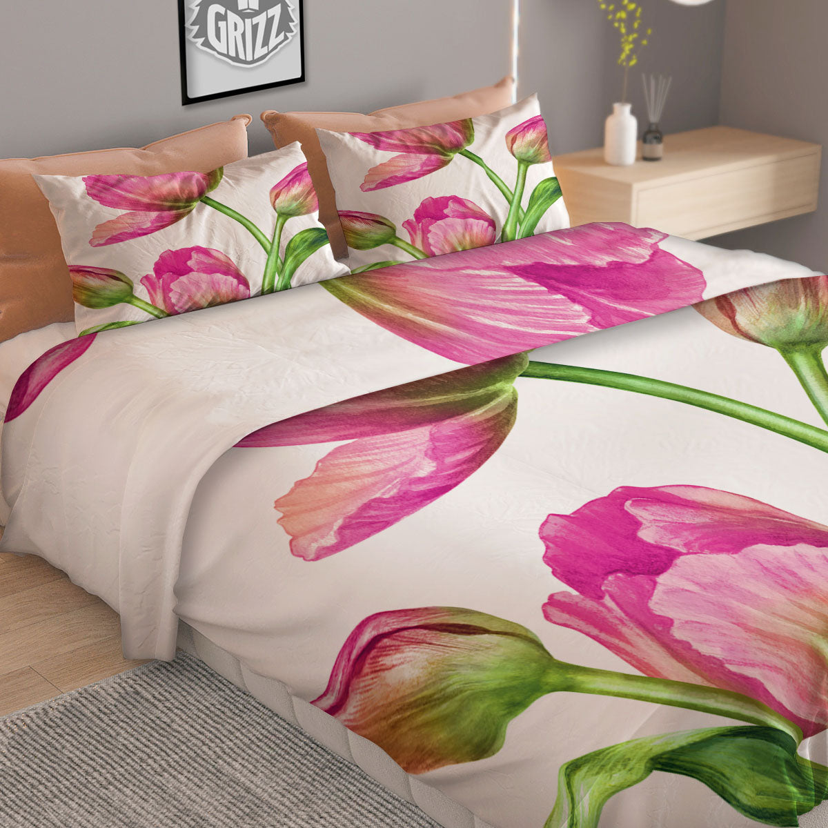 Tulip Flower Pink Watercolor Print Duvet Cover Bedding Set-grizzshop