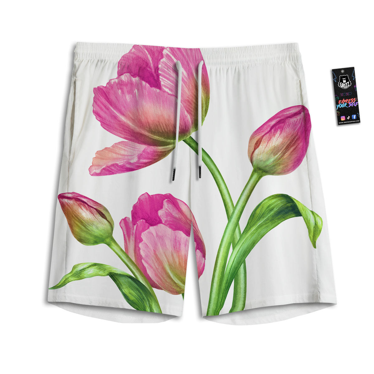 Tulip Flower Pink Watercolor Print Men's Athletic Shorts-grizzshop