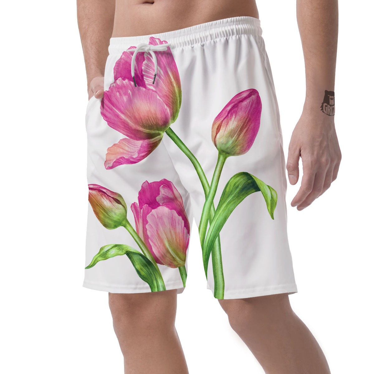 Tulip Flower Pink Watercolor Print Men's Shorts-grizzshop