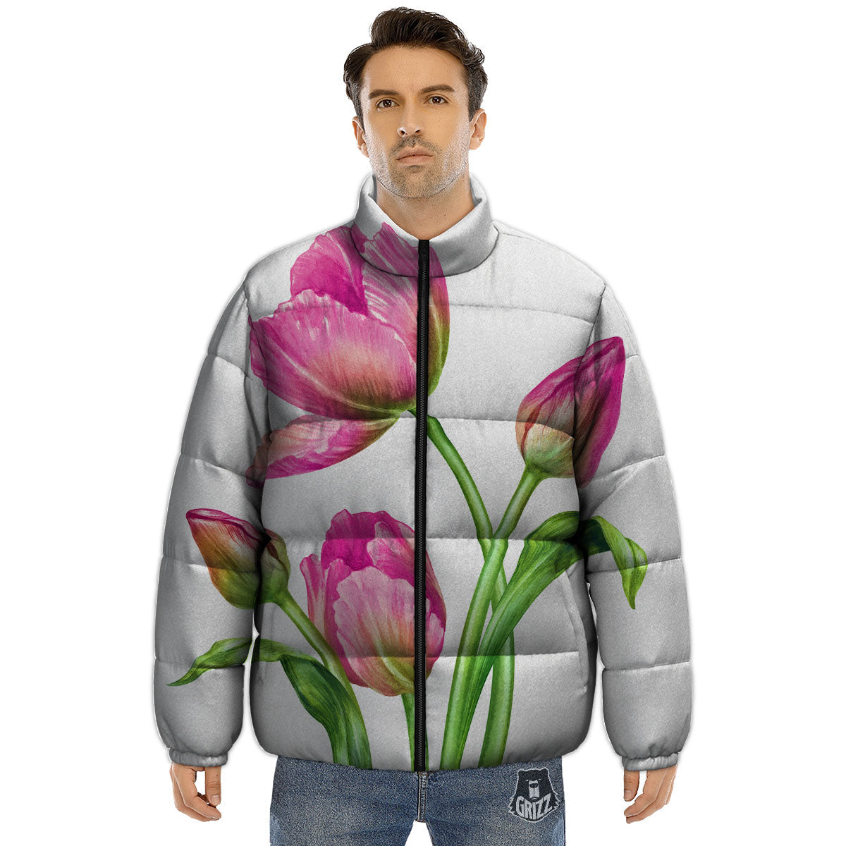 Tulip Flower Pink Watercolor Print Puffer Jacket-grizzshop