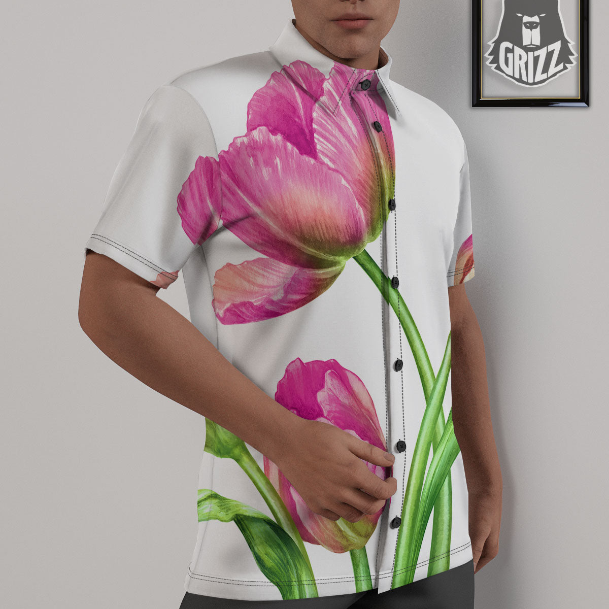 Tulip Flower Pink Watercolor Print Untucked Shirts-grizzshop